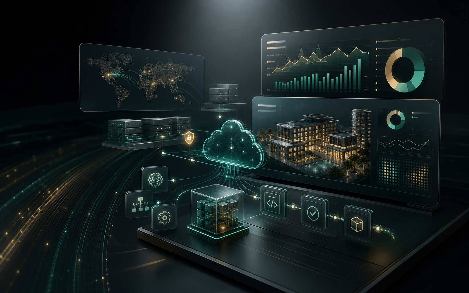 Abstract cloud architecture and AI automation dashboard